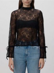 Koronkowa bluzka ze stójką - czarny. Czarne bluzki damskie Reserved, l, bez wzorów, z dzianiny, bez kołnierzyka, bez ramiączek. Za 79.99 zł.