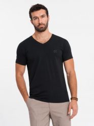 T-shirt męski V-neck SLIM FIT z elastanem i printem – czarny V1 - Rozmiar: M. Czarne t-shirty męskie Ombre Clothing, m, bez wzorów, z bawełny, bez kołnierzyka. W wyprzedaży za 39.99 zł.