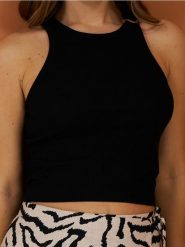 Koszulka w stylu basic z prążkowanej dzianiny - czarny. Czarne t-shirty damskie Sinsay, l, bez wzorów, z dzianiny, bez kołnierzyka. W wyprzedaży za 13.99 zł.