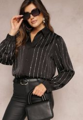 Czarna Koszula Zapinana w Ozdobne Cyrkonie Blekaza. Czarne bluzki damskie Renee, s, bez wzorów, z satyny, eleganckie, bez kołnierzyka, bez ramiączek. Za 49.99 zł.