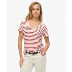 T-shirt z melangeowanym wzorem, z haftowanym logo i dekoltem w kształcie V dla k. Czerwone koszulki sportowe damskie Superdry., bez wzorów, bez kołnierzyka. Za 111.35 zł.