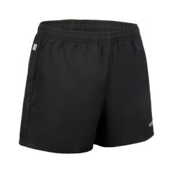 Spodenki do rugby Offload R100 z kieszeniami. Czarne krótkie spodenki sportowe męskie KIPSTA, s, bez wzorów, z materiału, na fitness i siłownię. Za 54.99 zł.