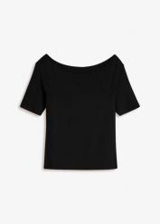 T-shirt z dekoltem carmen z mieszanki wiskozy. Czarne bluzki damskie bonprix, bez wzorów, z wiskozy, bez kołnierzyka, bez ramiączek. Za 52.99 zł.