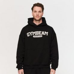Bluza męska fitness z kapturem czarna Varsity. Czarne bluzy sportowe męskie GYMBEAM, l, bez wzorów, z bawełny, z kapturem, na fitness i siłownię. Za 139.90 zł.