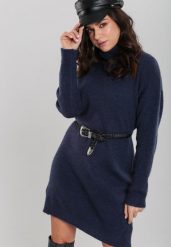Granatowa Sukienka Milana. Niebieskie sukienki damskie Renee, bez wzorów, z dzianiny, bez kołnierzyka, bez ramiączek, mini. Za 119.99 zł.