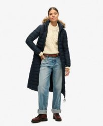 Płaszcz Super Longline Fuji. Niebieskie płaszcze damskie Superdry., l, bez wzorów, z nylonu, eleganckie, bez kaptura. Za 646.55 zł.
