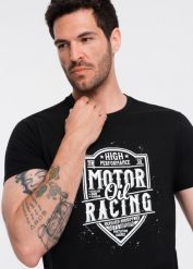 Ombre T-shirt męski z nadrukiem w stylu motocyklowym czarny V1 OM-TSPT-0125 L. Czarne t-shirty męskie Ombre, l, bez wzorów, bez kołnierzyka. Za 49.99 zł.