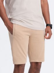 Dresowe męskie szorty bawełniane BASIC – beżowe V6 OM-SRBS-0149 - XXL. Brązowe krótkie spodenki sportowe męskie Ombre Clothing, m, bez wzorów, z bawełny. W wyprzedaży za 69.99 zł.