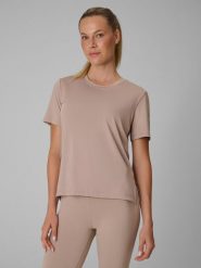 4F Koszulka treningowa loose szybkoschnąca damska - beżowa XS. Brązowe koszulki sportowe damskie 4f, xs, bez wzorów, klasyczne, bez kołnierzyka. Za 79.99 zł.