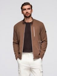 Męska strukturalna kurtka biker ze stójką – brązowa V2. Brązowe kurtki męskie Ombre Clothing, m, bez wzorów, z dzianiny, eleganckie, bez kaptura. W wyprzedaży za 217.49 zł.