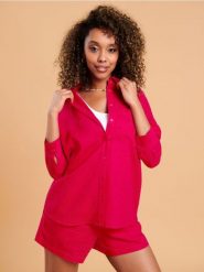 Koszula z lnem - różowy. Czerwone koszule damskie Sinsay, l, bez wzorów, ze skóry, bez kołnierzyka, bez ramiączek. Za 39.99 zł.