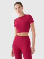 4F Crop top treningowy slim szybkoschnący damski - czerwony XS/S. Czerwone koszulki sportowe damskie 4f, s, bez wzorów, z dzianiny, bez kołnierzyka, bez ramiączek, na fitness i siłownię. W wyprzedaży za 39.99 zł.