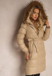 Beżowa Kurtka Pikowana o Długim Kroju z Kapturem Wiązana w Pasie z Odpinanym Futerkiem Phorira. Brązowe kurtki damskie Renee, l, bez wzorów, z jeansu, z kapturem. Za 219.99 zł.