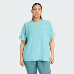 Koszulka Own The Run (Plus Size). Zielone koszulki sportowe damskie Adidas, plus size, bez wzorów, z elastanu, bez kołnierzyka, bez ramiączek, do biegania. Za 174.70 zł.