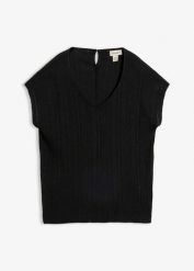 Bluzka w ażurowy wzór. Czarne bluzki damskie bonprix, w ażurowe wzory, bez kołnierzyka, bez ramiączek. Za 44.99 zł.