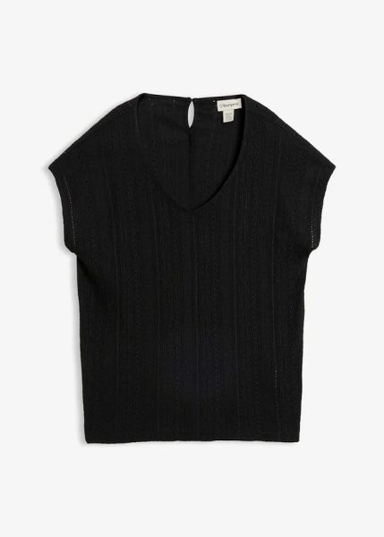 Bluzka w ażurowy wzór. Czarne bluzki damskie bonprix, w ażurowe wzory, bez kołnierzyka, bez ramiączek. Za 34.99 zł.