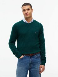 Tommy Hilfiger wełniany sweter Mężczyźni Wełna zielony, M. Zielone swetry przez głowę męskie Tommy Hilfiger, m, bez wzorów, z dzianiny, bez kołnierzyka. Za 649.95 zł.