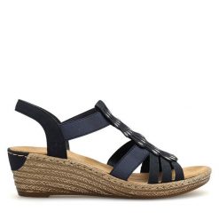 Sandały Rieker. Niebieskie klapki damskie Rieker, bez wzorów, bez obcasa, na koturnie, bez zapięcia. Za 319.99 zł.