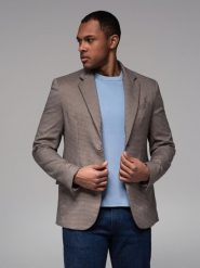 Marynarka męska casual w delikatną kratkę - brązowa V1 - Rozmiar: M. Brązowe marynarki męskie Ombre Clothing, bez wzorów, z poliesteru, casualowe. W wyprzedaży za 149.99 zł.