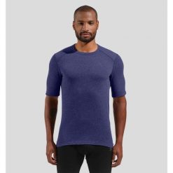 Bielizna termoaktywna z długim rękawem Odlo BL TOP crew neck s/s ACTIVE WARM. Niebieskia koszulki sportowe męskie Odlo, l, bez wzorów, bez kołnierzyka, bez ramiączek, na fitness i siłownię. W wyprzedaży za 174.99 zł.