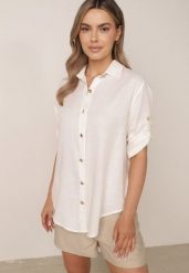 Biała Koszula Casual z Wiskozą i Lnem z Rękawami 3/4 Linyana. Białe bluzki damskie Born2be, l, bez wzorów, z jeansu, casualowe, bez kołnierzyka, bez ramiączek. Za 99.99 zł.