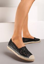 Czarne Ażurowe Espadryle na Płaskiej Plecionej Podeszwie Kueria. Czarne espadryle damskie Renee, na lato, w ażurowe wzory, eleganckie, bez obcasa, na płaskiej podeszwie, bez zapięcia. Za 59.99 zł.