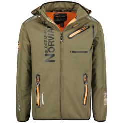 Geographical Norway ROYAUTE - softshell męski khaki z pomarańczowymi akcentami. Brązowe kurtki męskie Geographical Norway, m, bez wzorów, z elastanu, sportowe, bez kaptura. Za 249.00 zł.