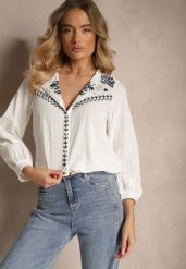 Biała Bawełniana Koszula Boho z Haftowanym Wzorem Gonniva. Białe bluzki damskie Renee, l, bez wzorów, z bawełny, boho, bez kołnierzyka, bez ramiączek. Za 84.99 zł.