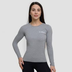 Koszulka damska joga z długim rękawem szara Basic. Szare koszulki sportowe damskie GYMBEAM, xs, bez wzorów, z bawełny, bez kołnierzyka, bez ramiączek, na fitness i siłownię. Za 68.90 zł.