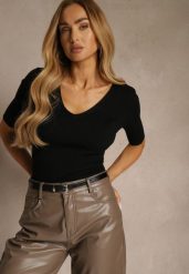 Czarna Bluzka z Prążkowanej Dzianiny Unarese. Czarne t-shirty i topy dla dziewczynek Renee, bez wzorów, z dzianiny, bez ramiączek. Za 49.99 zł.