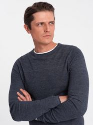 Bawełniany sweter męski z okrągłym dekoltem - granatowy melanż V3 OM-SWSW-0103 - XL. Niebieskie swetry przez głowę męskie Ombre Clothing, l, bez wzorów, z bawełny, bez kołnierzyka. W wyprzedaży za 69.99 zł.