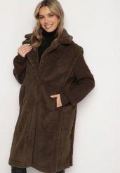 Zielony Futrzany Płaszcz z Dzianinowymi Rękawami Ravienna. Zielone płaszcze damskie Born2be, l, bez wzorów, z dzianiny, eleganckie, bez kaptura. Za 309.99 zł.