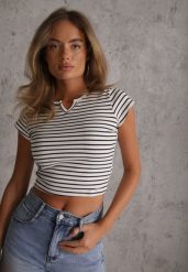 Biały Crop Top Bawełny z Prążkowanej Dzianiny w Paski Ozdobiony Wycięciem Ionilla. Białe t-shirty i topy dla dziewczynek Renee, bez wzorów, z bawełny, bez ramiączek. Za 59.99 zł.