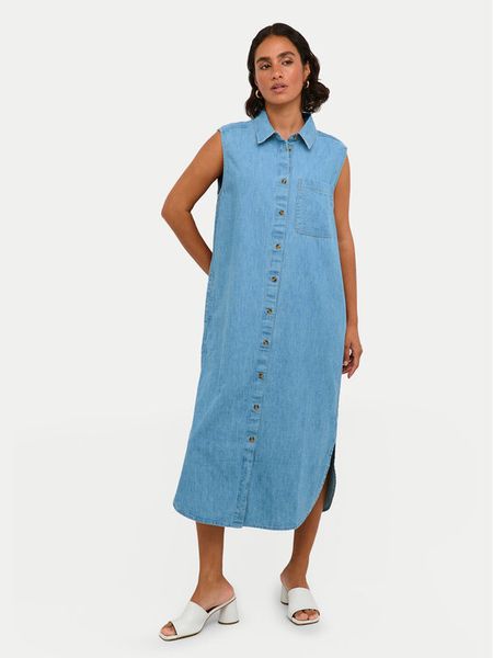 Kaffe Sukienka jeansowa Louise 10508518 Niebieski Regular Fit. Niebieskie sukienki damskie Kaffe, bez wzorów, z bawełny, bez kołnierzyka, bez ramiączek. Za 179.99 zł.