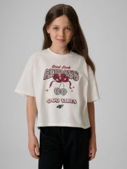 4F T-shirt boxy z nadrukiem dziewczęcy - kremowy 122/128 (6-8 lat). Białe t-shirty i topy dla dziewczynek 4f, bez wzorów, z bawełny, bez ramiączek. Za 49.99 zł.