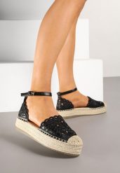 Czarne Espadryle na Grubej Podeszwie z Ażurową Cholewką Eleasel. Czarne espadryle damskie Born2be, w ażurowe wzory, z jeansu, bez obcasa, bez zapięcia. Za 79.99 zł.