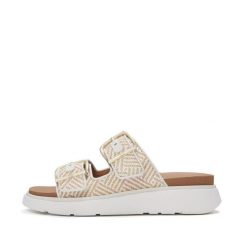 Klapki na koturnie z klamrą damskie FitFlop Gen-FF. Białe klapki damskie FIT FLOP, bez wzorów, z materiału, wakacyjne, bez obcasa, na koturnie. Za 678.50 zł.