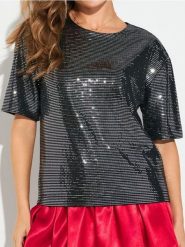 Koszulka z połyskującymi aplikacjami - srebrny. Szare t-shirty damskie Sinsay, l, z aplikacjami, bez kołnierzyka. Za 39.99 zł.