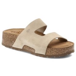 Klapki damskie Yokono, cholewka ze skóry naturalnej zamszowej z szerokim paskiem podeszwą korkową z wyściółką skórzaną, beżowe, Wiwi-260 Ser Crudo. Brązowe klapki damskie Yokono, bez wzorów, ze skóry, bez obcasa. Za 209.00 zł.