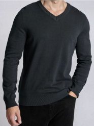 Bawełniany sweter z dekoltem V - szary. Szare swetry przez głowę męskie Sinsay, l, bez wzorów, z bawełny, bez kołnierzyka. Za 39.99 zł.
