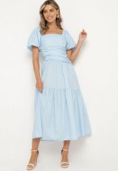 Niebieska Rozkloszowana Marszczona Sukienka z Wiskozą i Bufiastymi Rękawami oraz Falbanką Larnovia. Niebieskie sukienki damskie Born2be, na co dzień, l, bez wzorów, z wiskozy, eleganckie, bez kołnierzyka, bez ramiączek, maxi, proste. Za 69.99 zł.