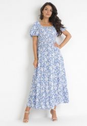Niebieska Rozkloszowana Sukienka Maxi w Kwiaty Casceia. Niebieskie sukienki damskie Born2be, m, bez wzorów, bez kołnierzyka, bez ramiączek, maxi, rozkloszowane. Za 74.99 zł.