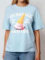 Bawełniana koszulka z nadrukiem - błękitny. Niebieskie t-shirty damskie Sinsay, l, bez wzorów, z bawełny, bez kołnierzyka. Za 25.99 zł.