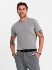 Męski klasyczny bawełniany T-shirt BASIC - szary V3 OM-TSBS-0236 S. Szare t-shirty męskie Ombre, m, bez wzorów, z bawełny, klasyczne, bez kołnierzyka. Za 60.50 zł.