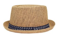Męski Kapelusz Letni (Styl MELONIK) - Pako Jeans - Beżowy, Taśemka w Kotwice. Brązowe czapki i kapelusze męskie Pako Jeans, na lato, bez wzorów, z jeansu, klasyczne. Za 49.00 zł.