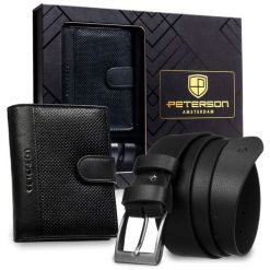 Zestaw prezentowy: skórzany, pionowy portfel męski w czarnym kolorze i czarny pasek ze skóry ekologicznej - Peterson. Czarne paski damskie Peterson, bez wzorów, ze skóry ekologicznej, klasyczne. Za 109.00 zł.