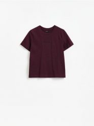 T-shirt z nadrukiem - bordowy. Czerwone t-shirty damskie Reserved, l, bez wzorów, z bawełny, bez kołnierzyka. Za 45.99 zł.