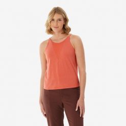 Koszulka turystyczna na ramiączka damska Quechua NH500. Brązowe koszulki sportowe damskie QUECHUA, m, bez wzorów, z bawełny, bez kołnierzyka, bez ramiączek, trekkingowe. Za 44.99 zł.