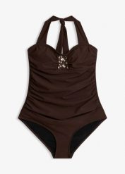 Kostium kąpielowy z kryształkami, lekko modelujący sylwetkę. Brązowe kostiumy jednoczęściowe damskie bonprix, z aplikacjami, eleganckie. Za 79.99 zł.