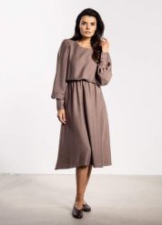 Elegancka sukienka rozkloszowana z długim rękawem taupe. Sukienki damskie Infinite You, xl, bez wzorów, eleganckie, bez kołnierzyka, bez ramiączek, rozkloszowane. Za 349.00 zł.